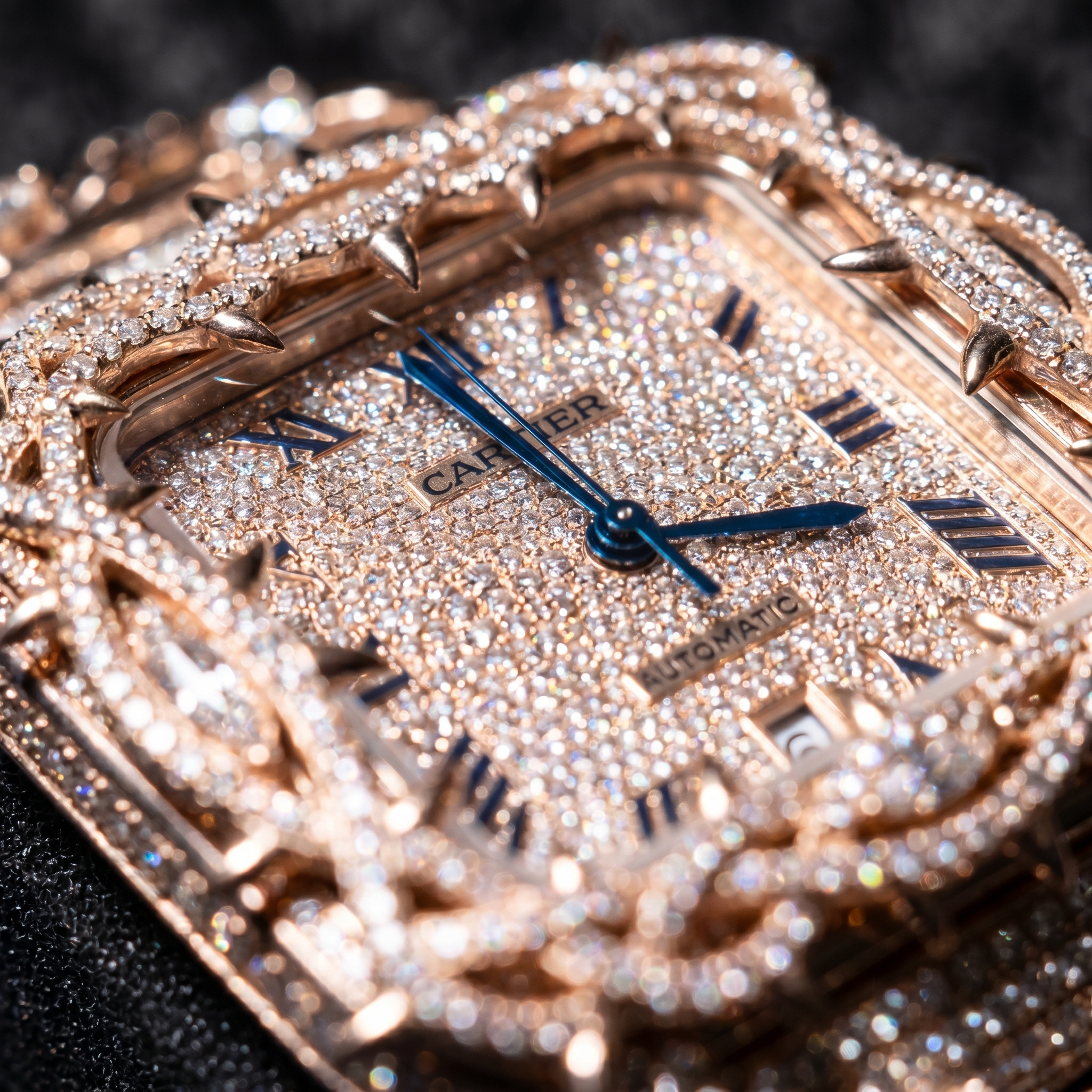 The Santos "Throne of Thorns" Bustdown Timepiece in Rose Gold & Pavé Crystals