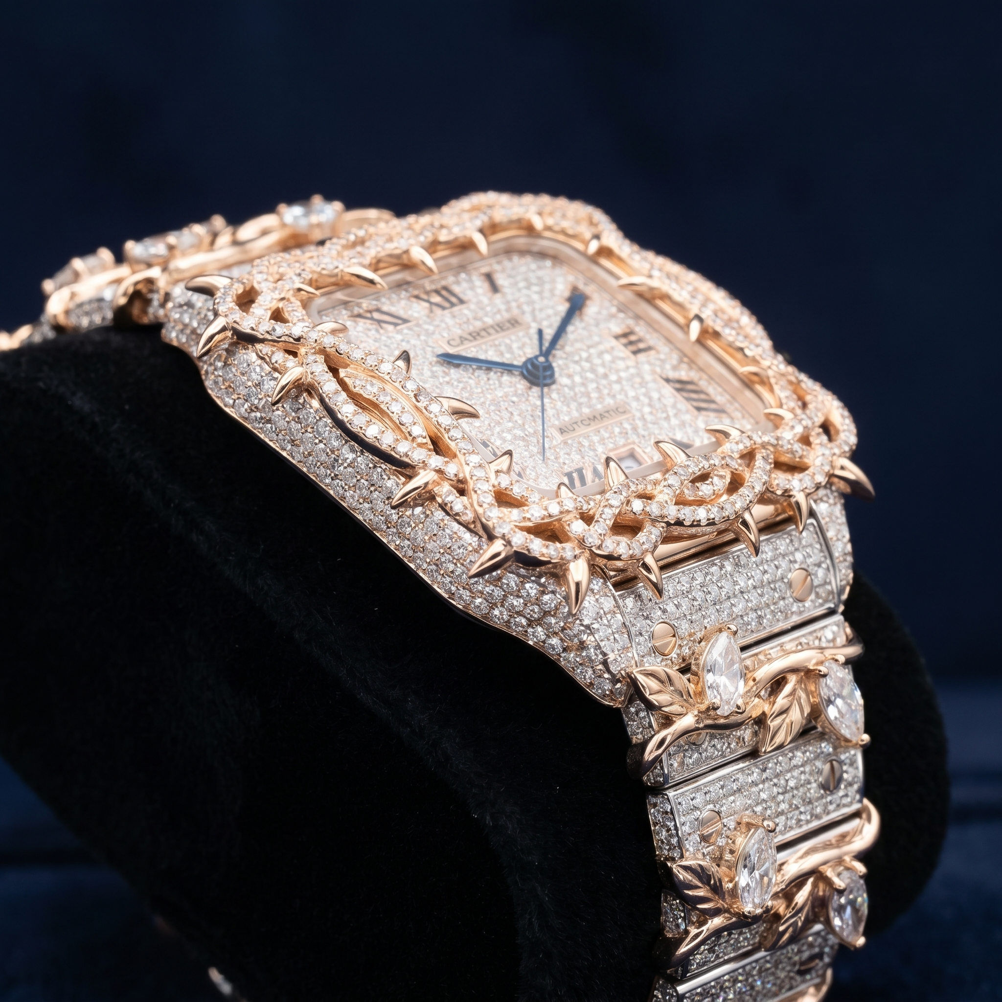 The Santos "Throne of Thorns" Bustdown Timepiece in Rose Gold & Pavé Crystals