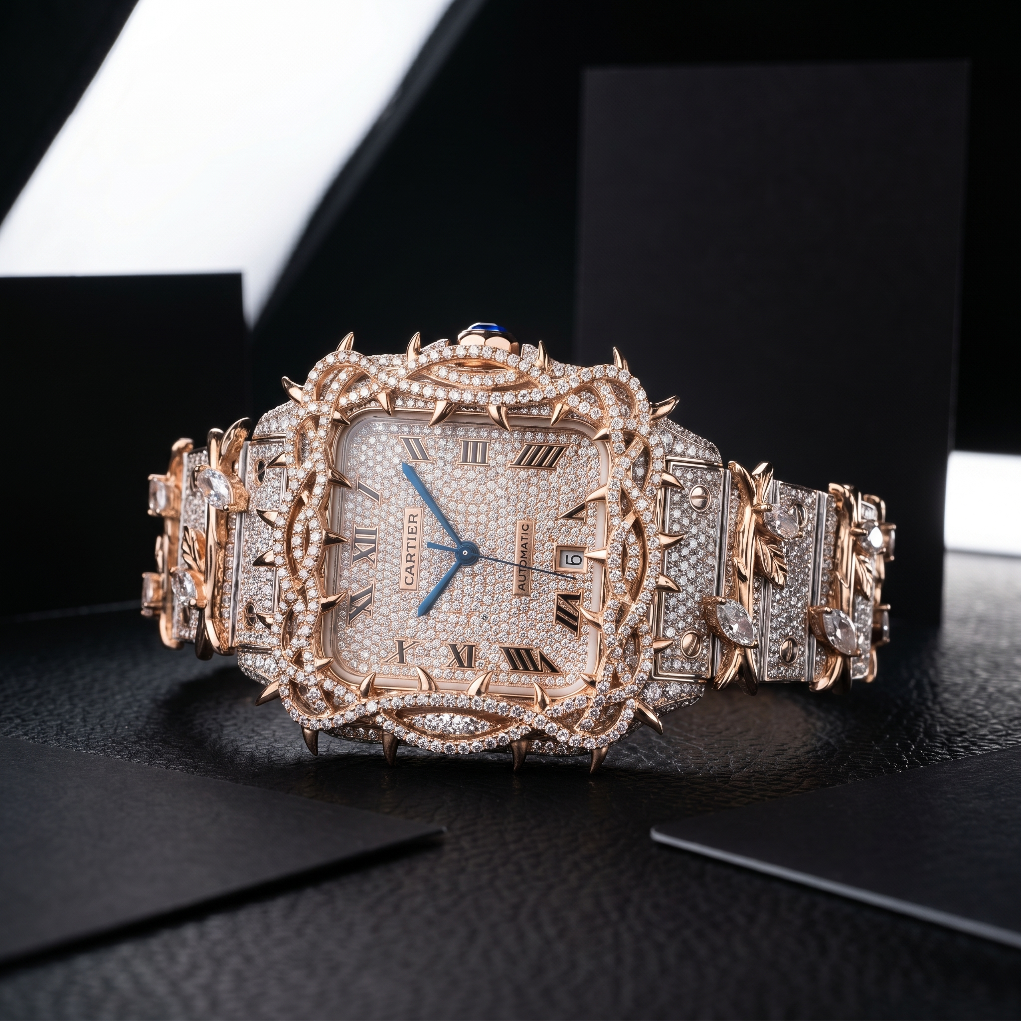 The Santos "Throne of Thorns" Bustdown Timepiece in Rose Gold & Pavé Crystals