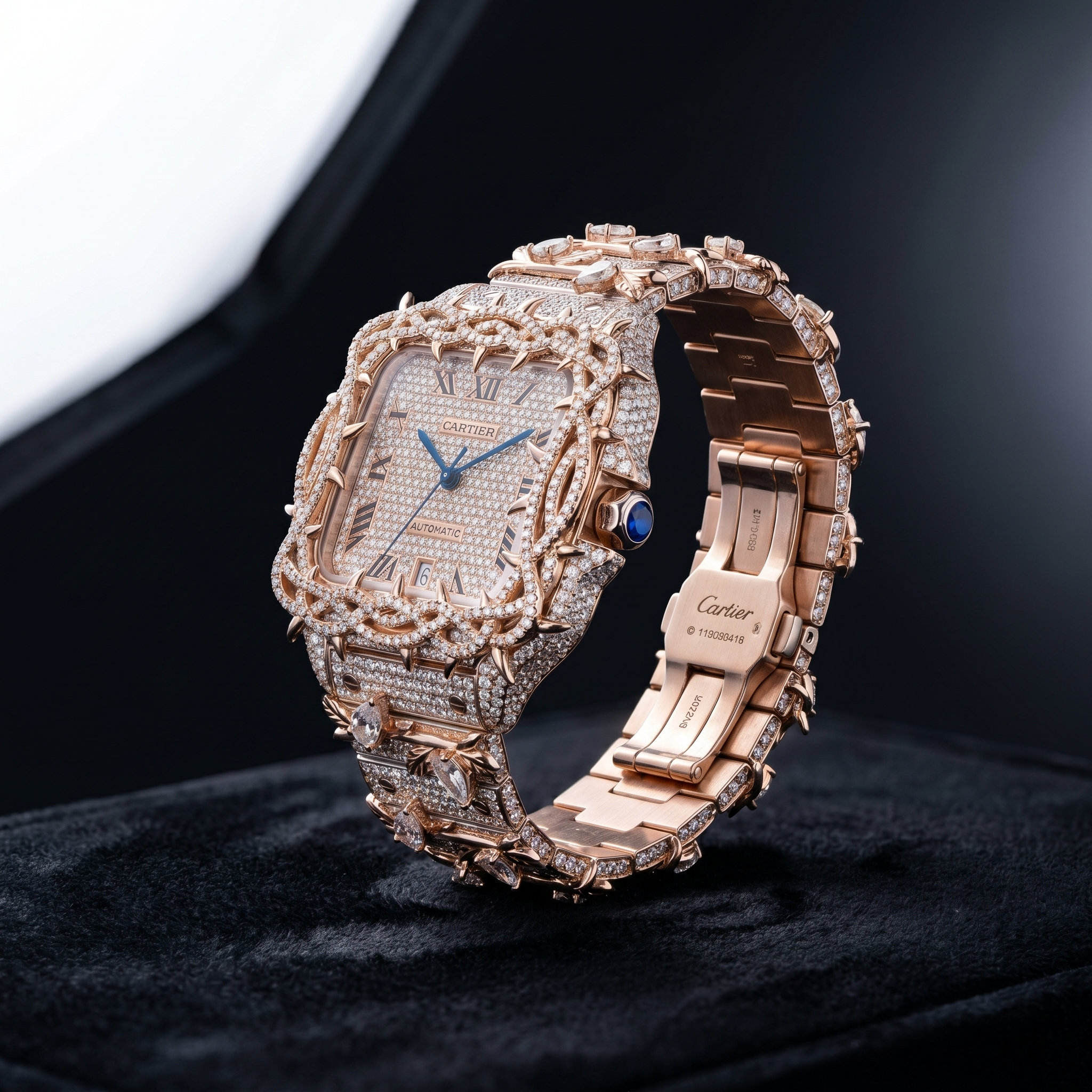 The Santos "Throne of Thorns" Bustdown Timepiece in Rose Gold & Pavé Crystals