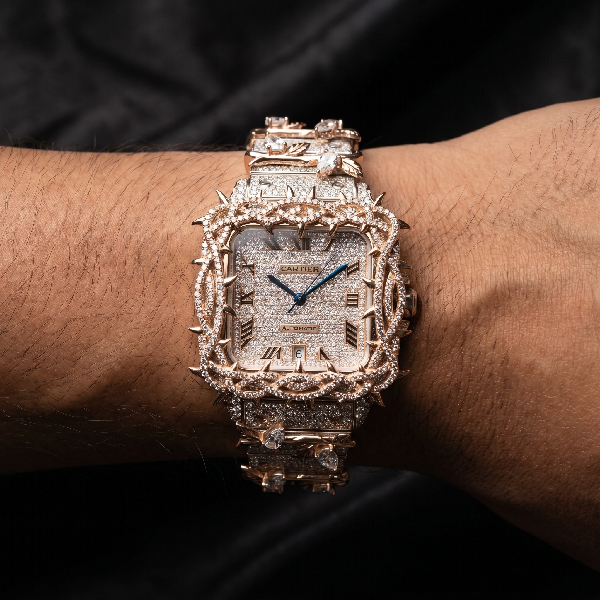 The Santos "Throne of Thorns" Bustdown Timepiece in Rose Gold & Pavé Crystals