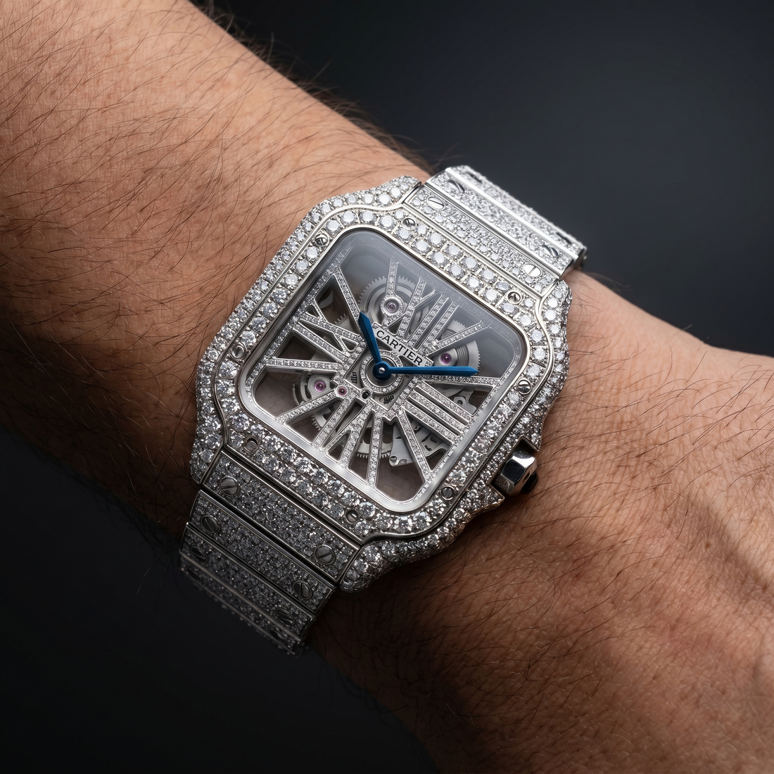 The Santos Skeleton Bustdown Timepiece in VVS-Style Brilliant Crystals