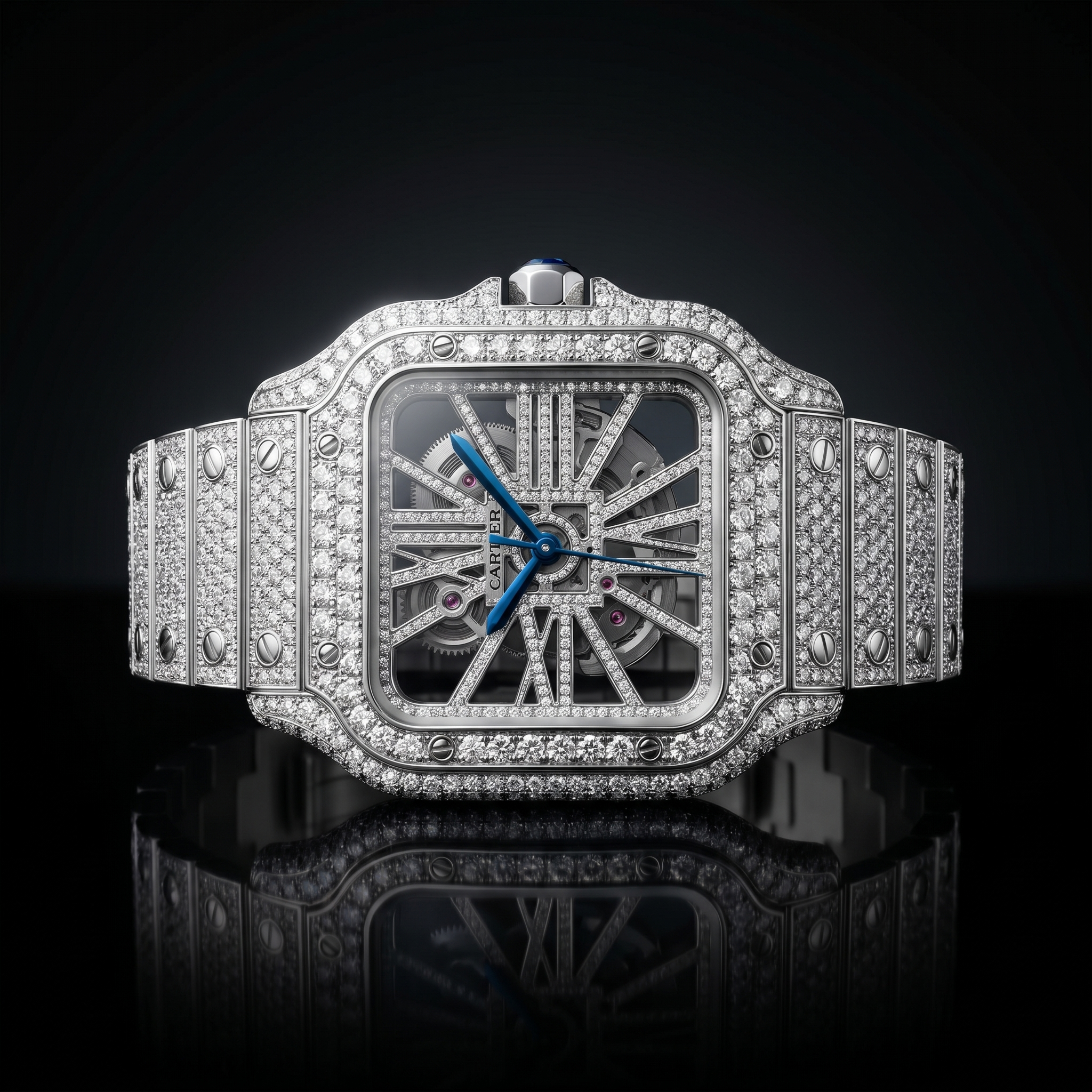 The Santos Skeleton Bustdown Timepiece in VVS-Style Brilliant Crystals