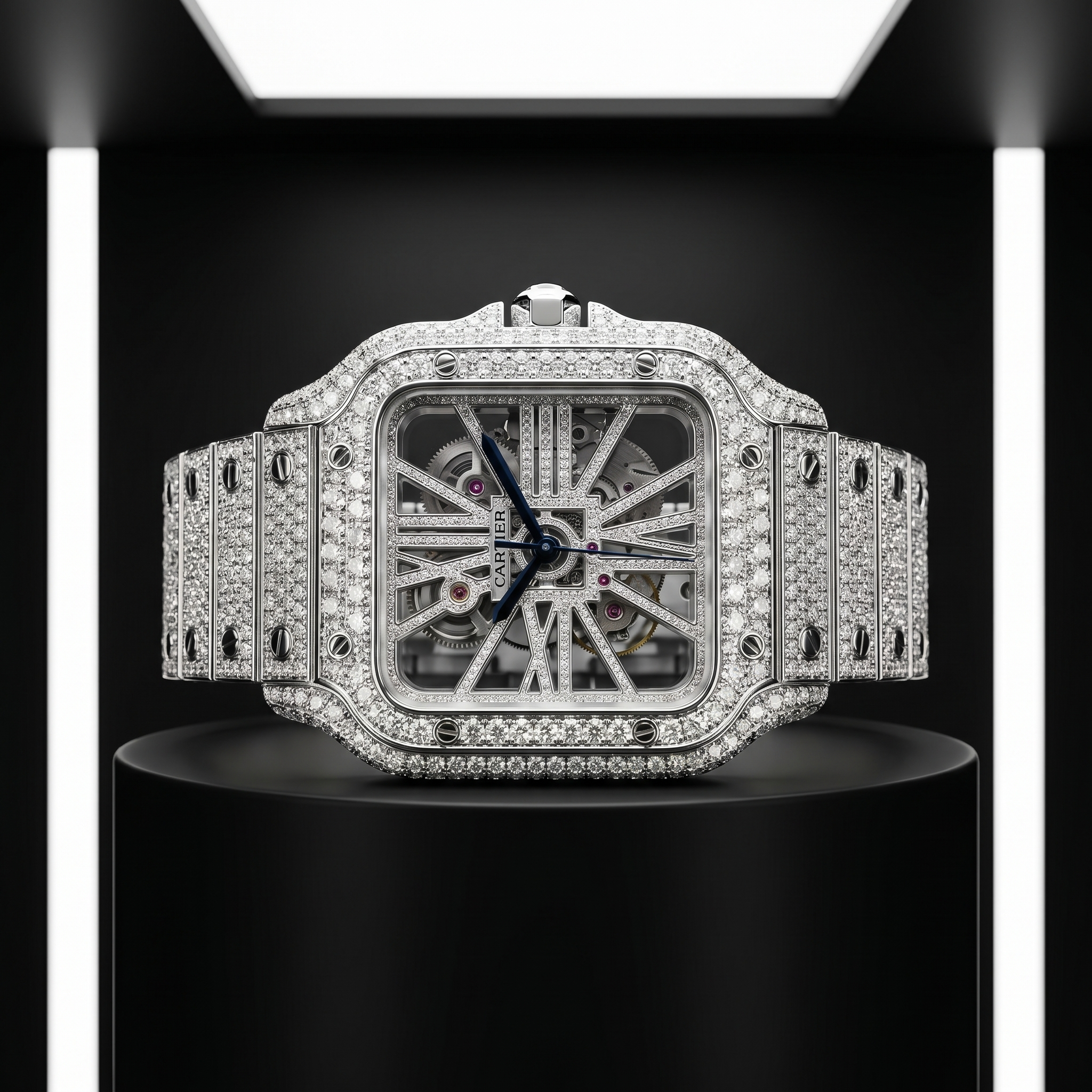 The Santos Skeleton Bustdown Timepiece in VVS-Style Brilliant Crystals