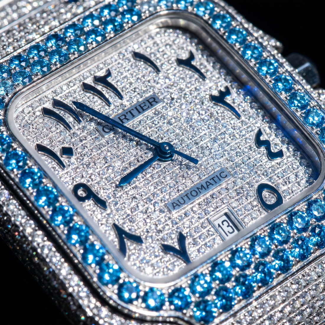The Santos Ice Blue Arabic Dial Bustdown Timepiece