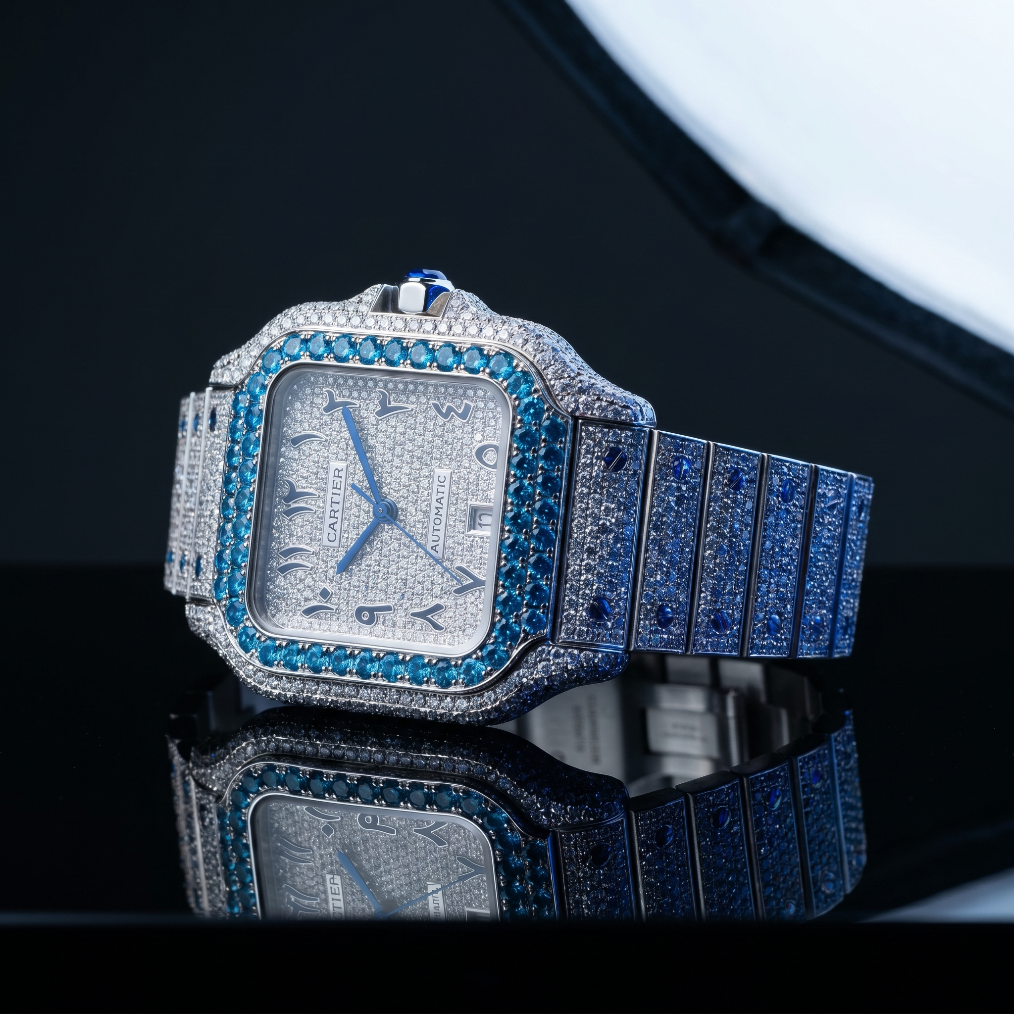 The Santos Ice Blue Arabic Dial Bustdown Timepiece