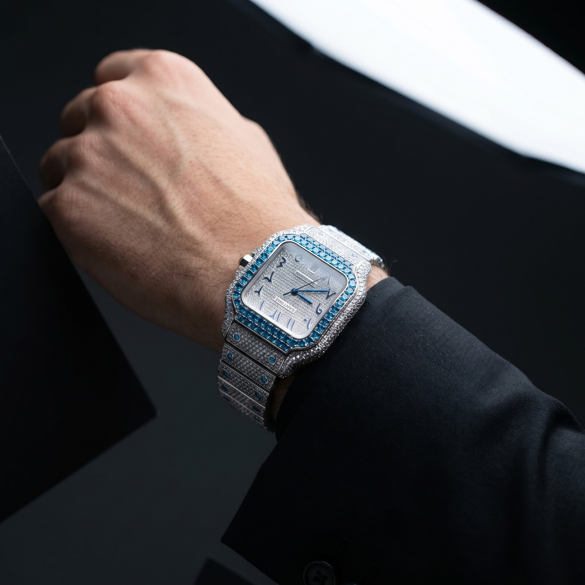 The Santos Ice Blue Arabic Dial Bustdown Timepiece