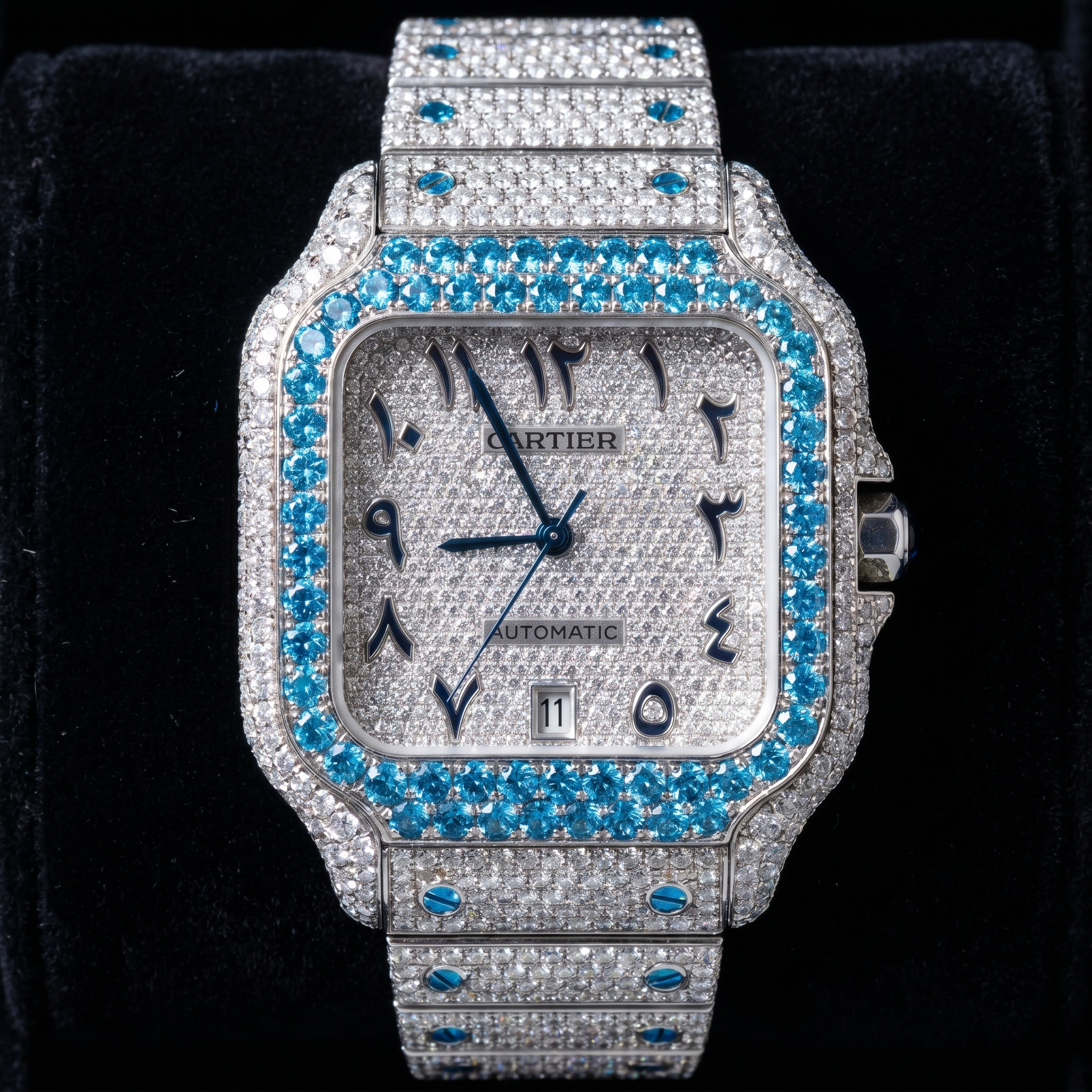 The Santos Ice Blue Arabic Dial Bustdown Timepiece