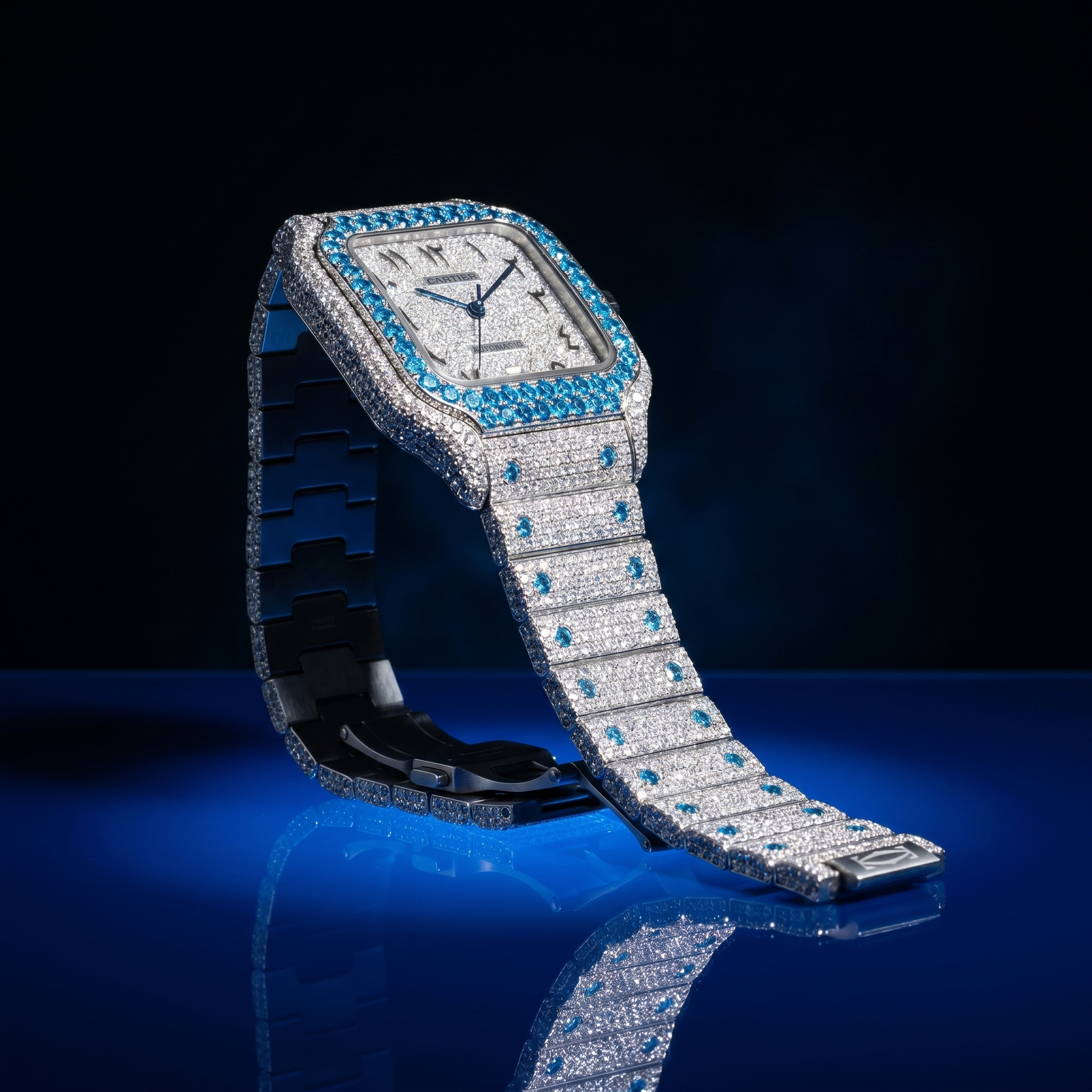The Santos Ice Blue Arabic Dial Bustdown Timepiece