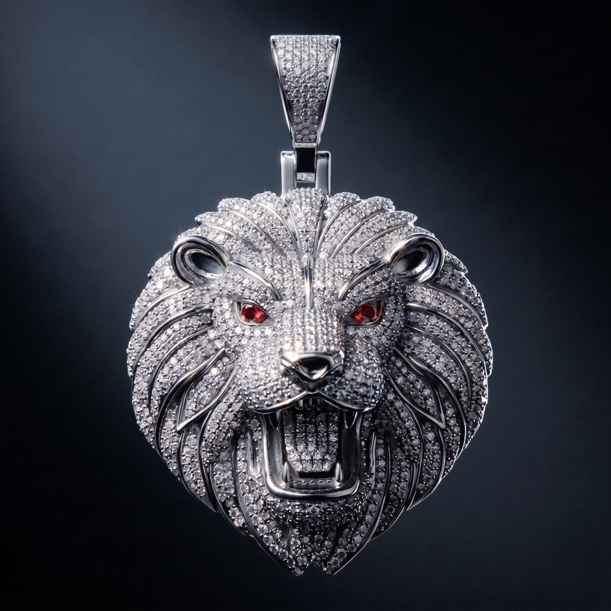Silver Moissanite Lion Pendant – Roaring Lion Statement Necklace, Fully Stone-Set