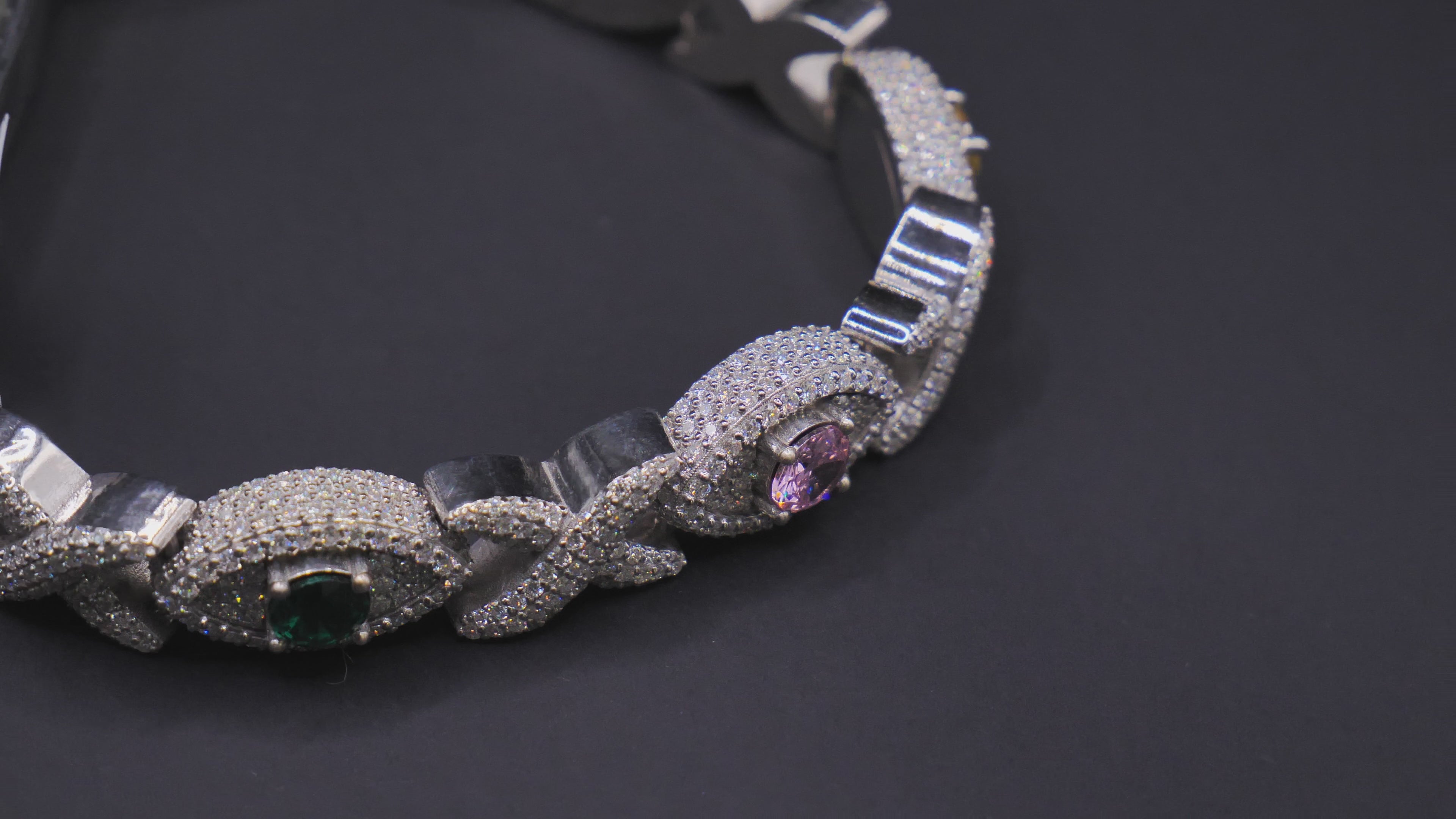 Iced Out Cuban Link Bracelet In Silver With Full Pavé CZ & Multicolour Gemstone Accents