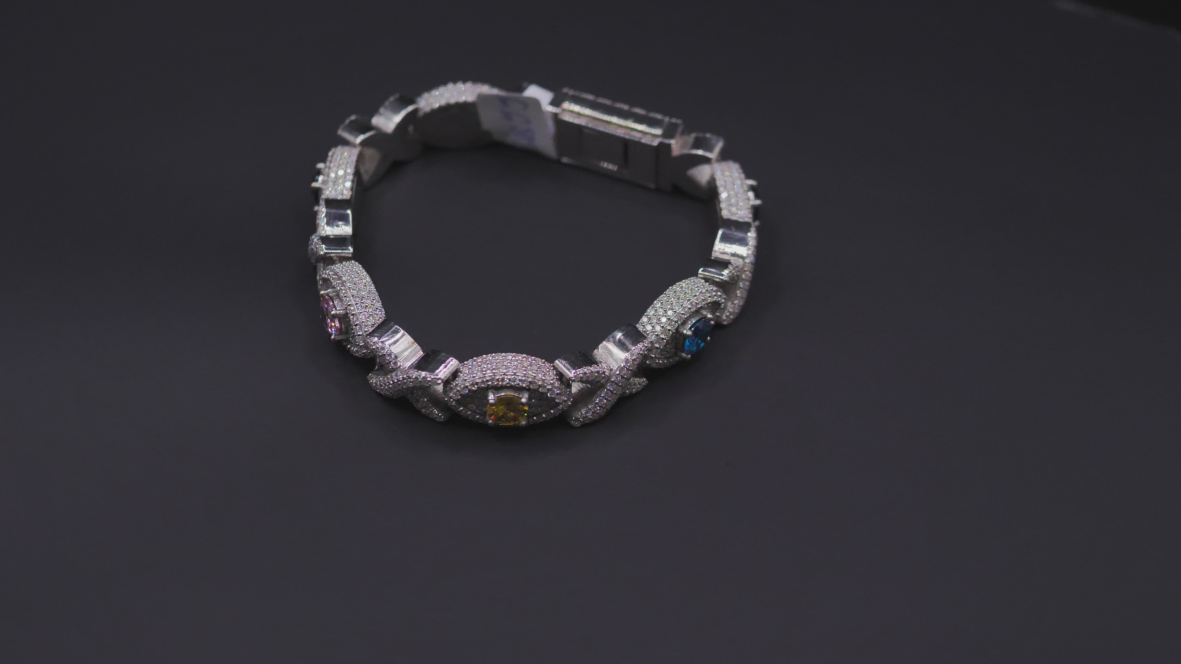 Iced Out Cuban Link Bracelet In Silver With Full Pavé CZ & Multicolour Gemstone Accents