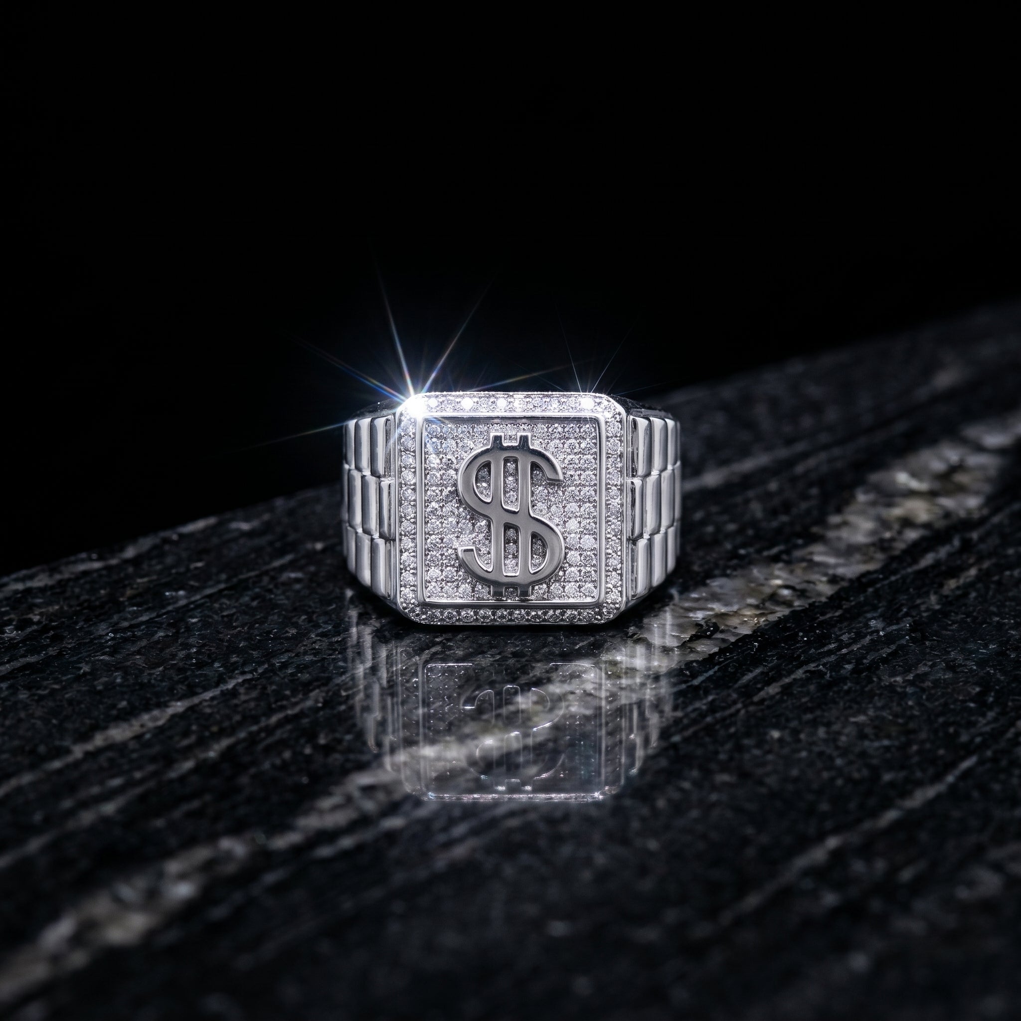 Iced Out Dollar Sign Ring – Pavé CZ Signet Ring in Sterling Silver