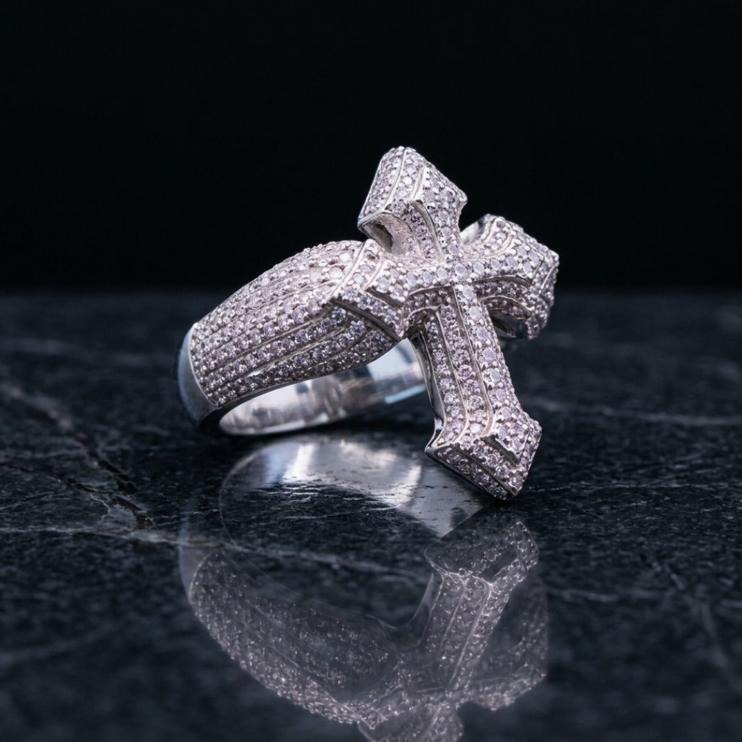 Iced Out Cross Ring – Full Pavé Statement Ring in White Gold