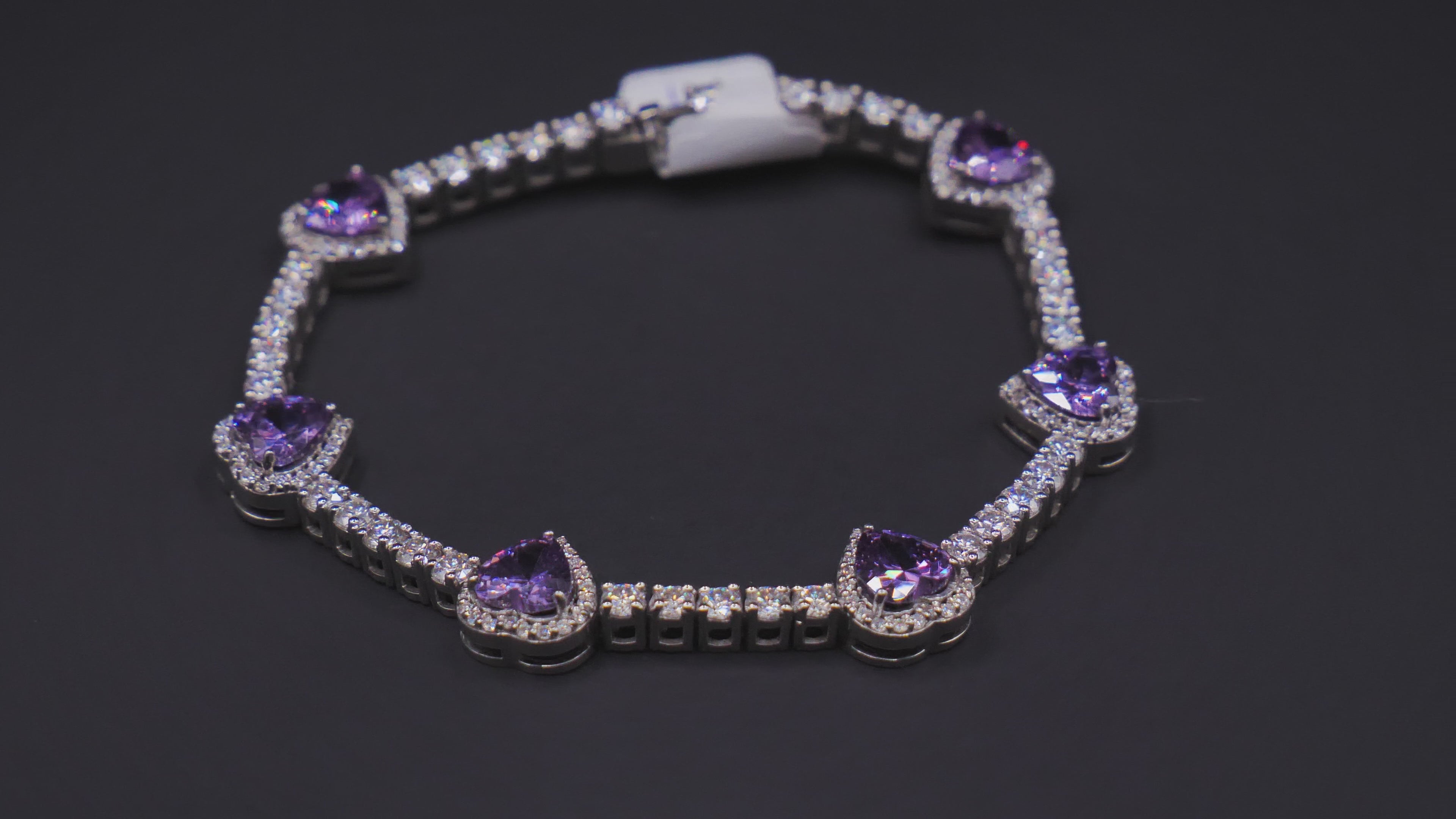 Heart-Cut Purple Stone Halo Tennis Bracelet In Silver